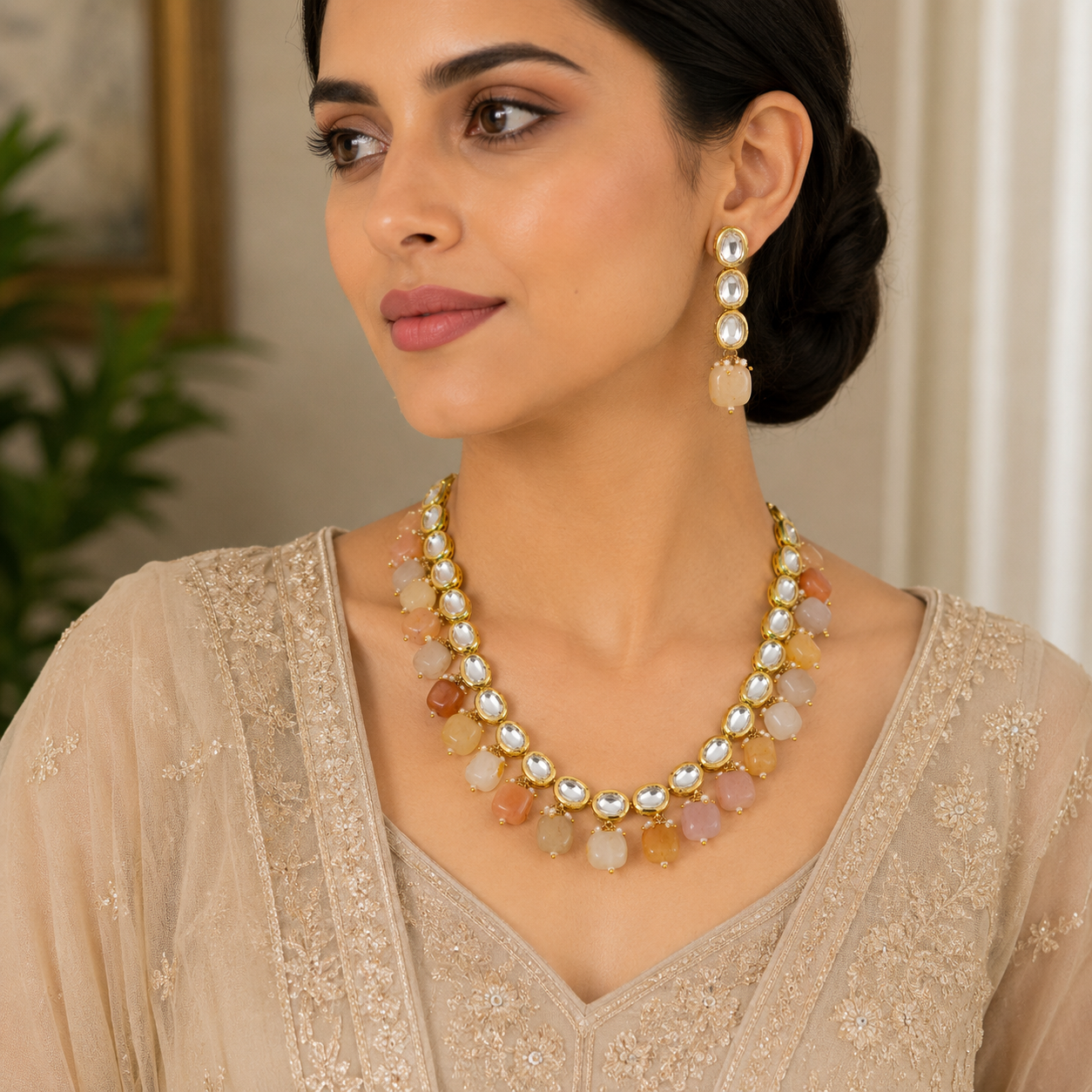 Luxury Kundan Necklace & Earrings Set with Natural Stone Drops – Gold Plated Indian & Pakistani Wedding Jewellery