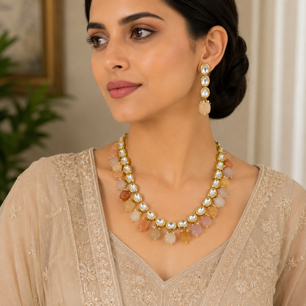 Luxury Kundan Necklace & Earrings Set with Natural Stone Drops – Gold Plated Indian & Pakistani Wedding Jewellery