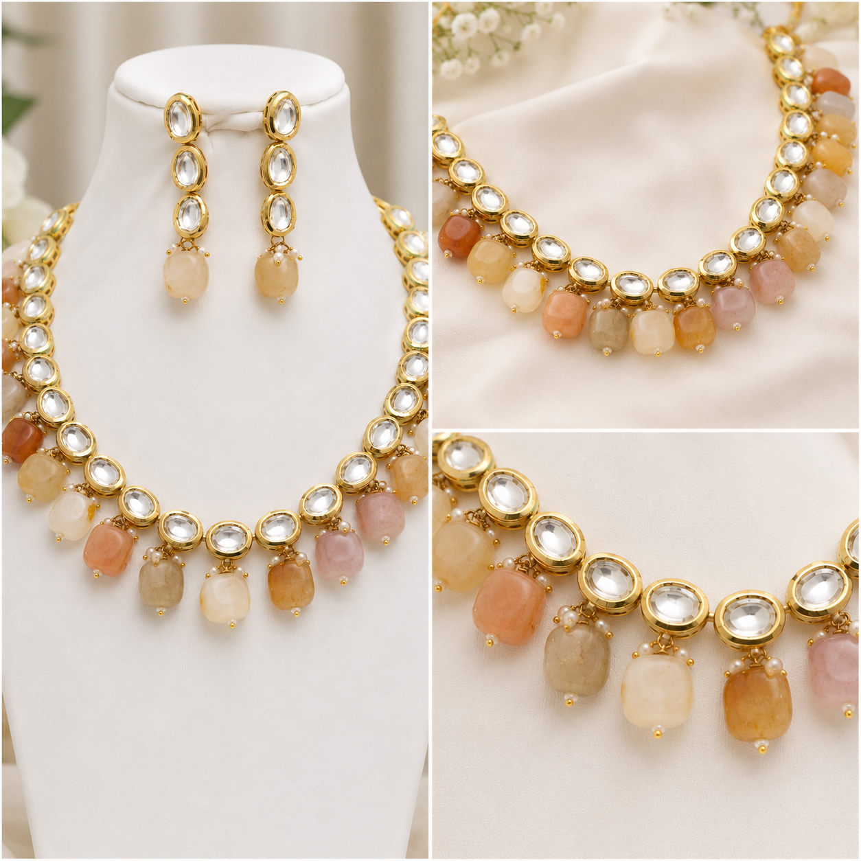 Luxury Kundan Necklace & Earrings Set with Natural Stone Drops – Gold Plated Indian & Pakistani Wedding Jewellery Secondary image