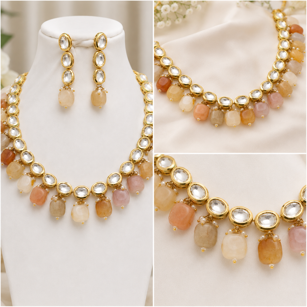 Luxury Kundan Necklace & Earrings Set with Natural Stone Drops – Gold Plated Indian & Pakistani Wedding Jewellery