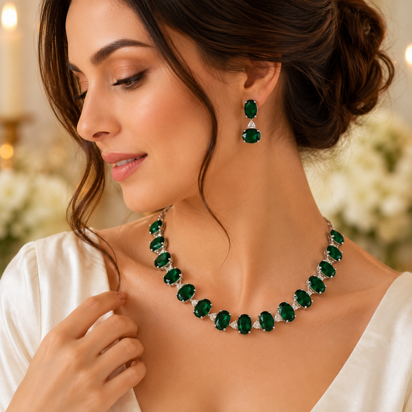 Luxury Oval Crystal Royal Blue Necklace & Earrings Set – Rhodium Plated Wedding, Bridal & Evening Jewellery