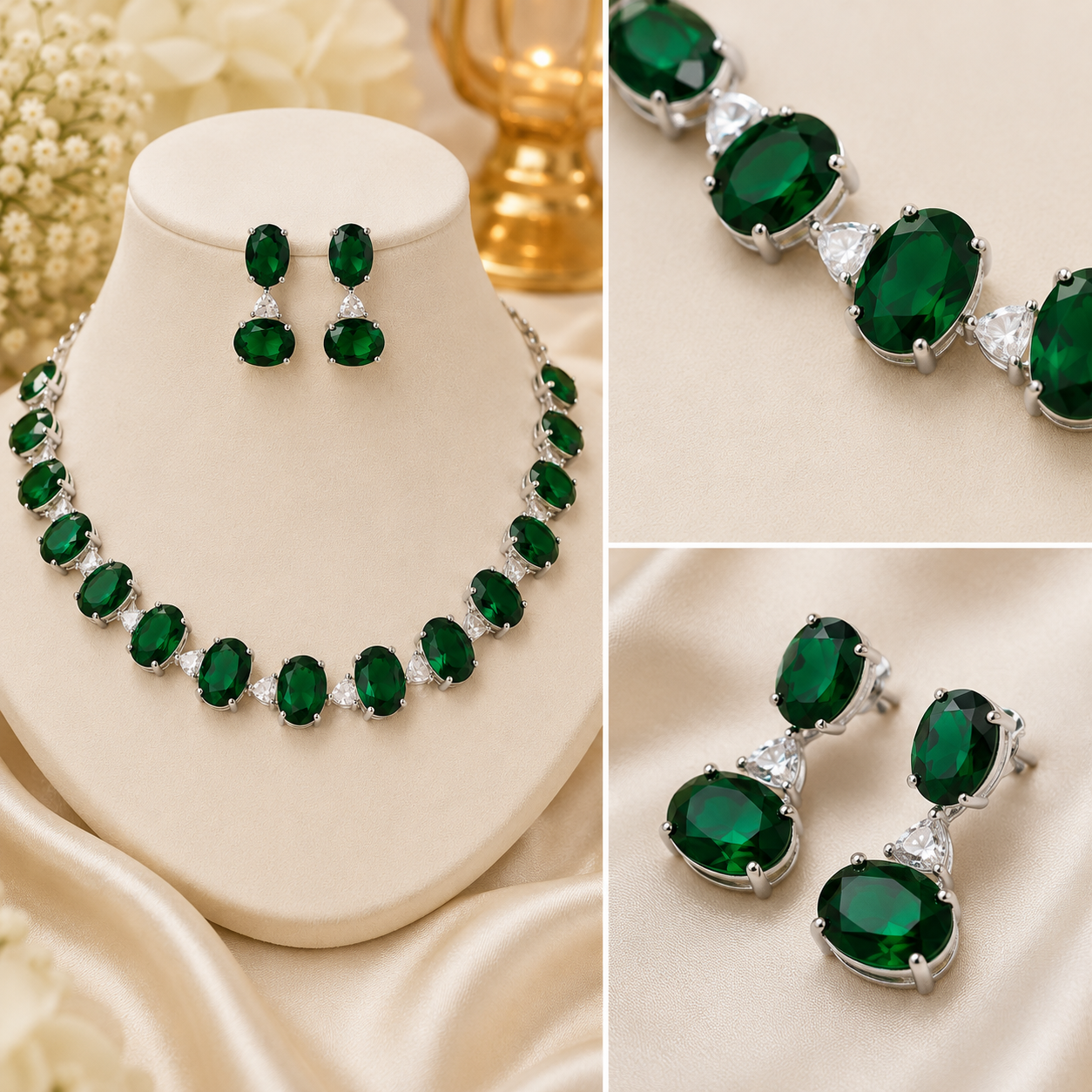 Luxury Oval Crystal Emerald Green Necklace & Earrings Set – Rhodium Plated Wedding, Bridal & Evening Jewellery Secondary image