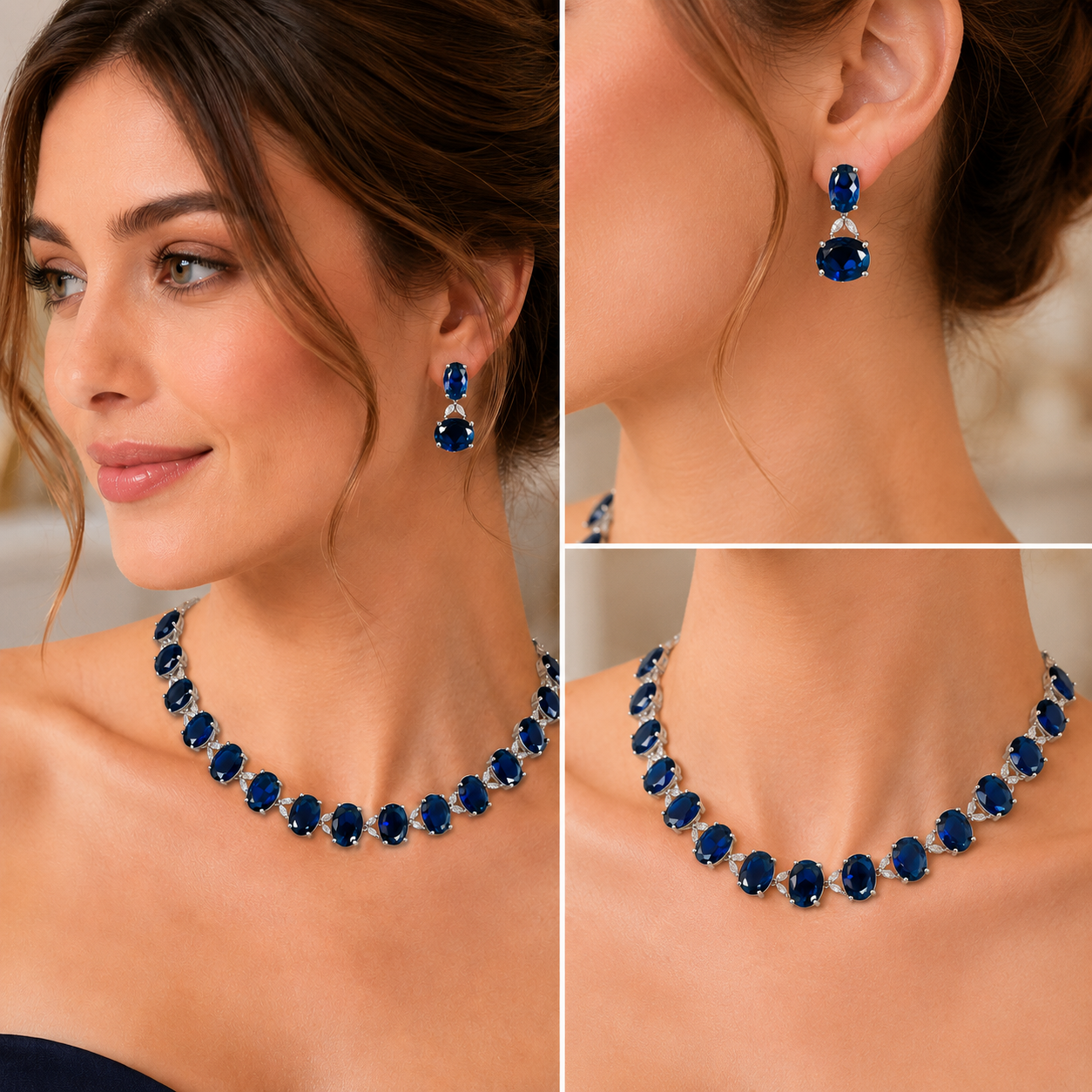 Luxury Oval Crystal Royal Blue Necklace & Earrings Set – Rhodium Plated Wedding, Bridal & Evening Jewellery Secondary image