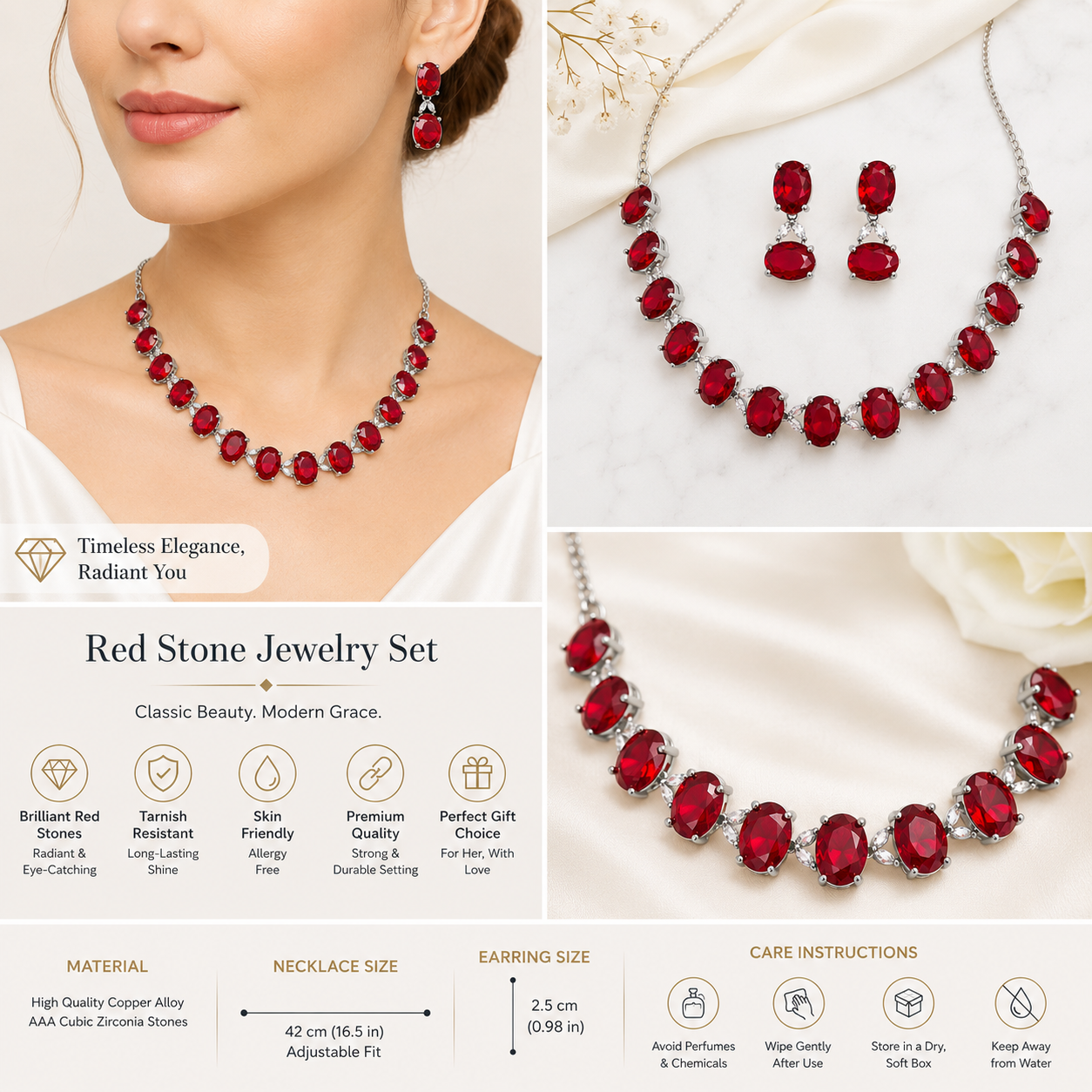 Luxury Oval Crystal Ruby Red Necklace & Earrings Set – Rhodium Plated Wedding, Bridal & Evening Jewellery Secondary image