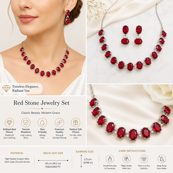 Luxury Oval Crystal Ruby Red Necklace & Earrings Set