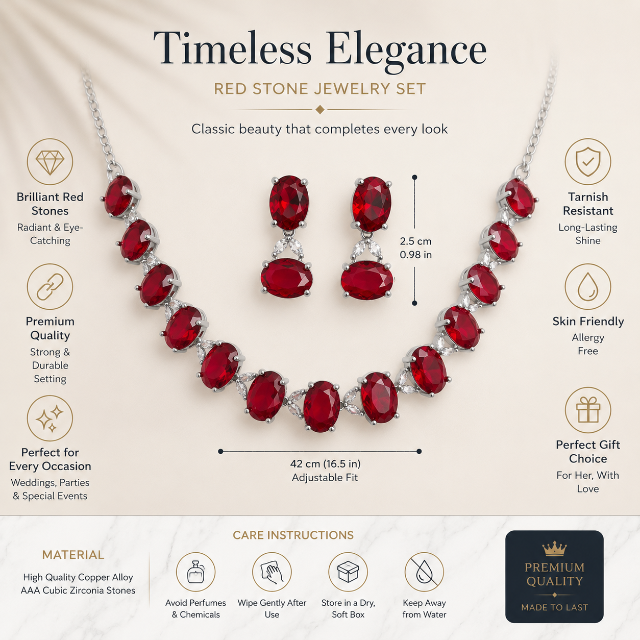 Luxury Oval Crystal Ruby Red Necklace & Earrings Set Main image