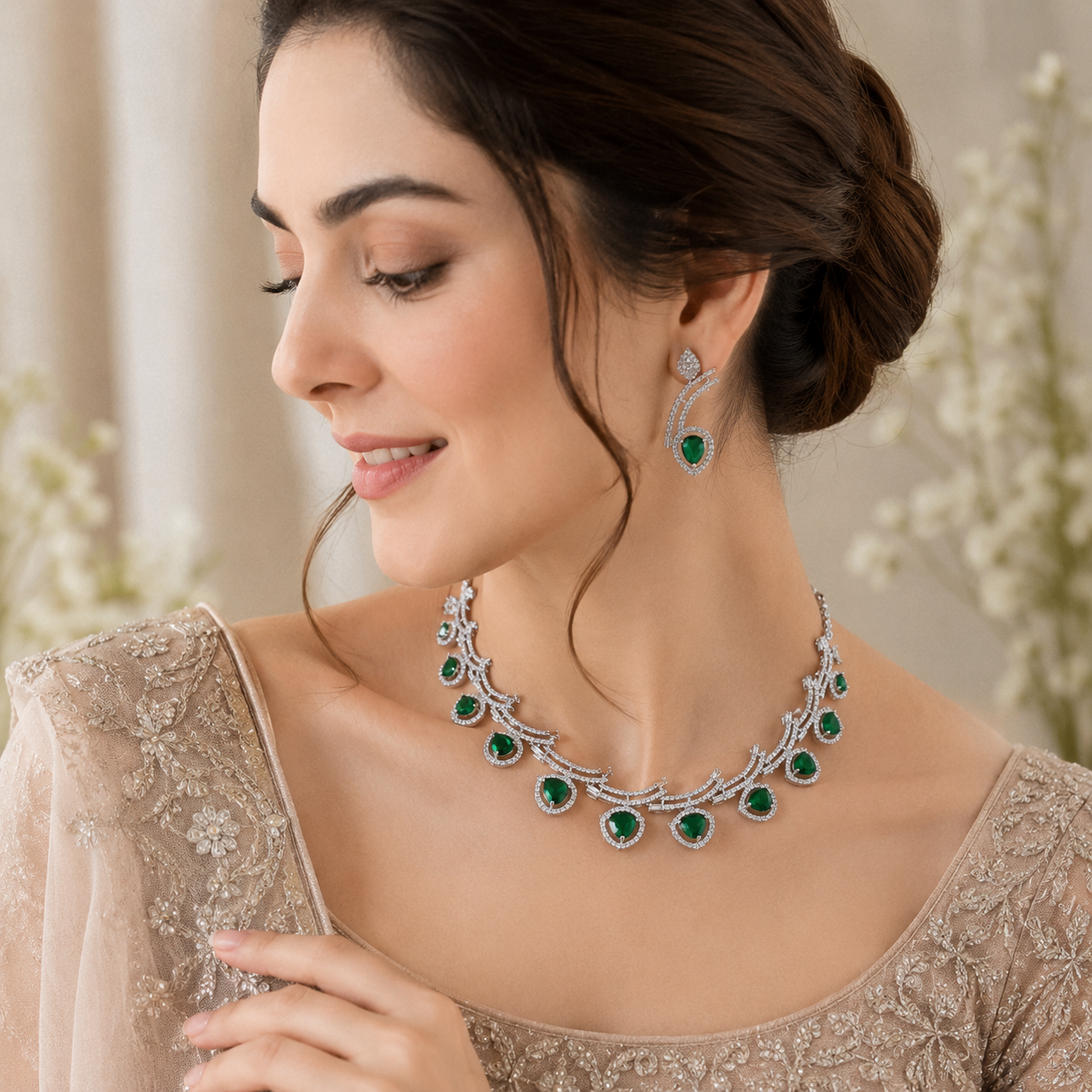 Luxury Pear Cut Emerald Green Crystal Necklace & Earrings Set Main image