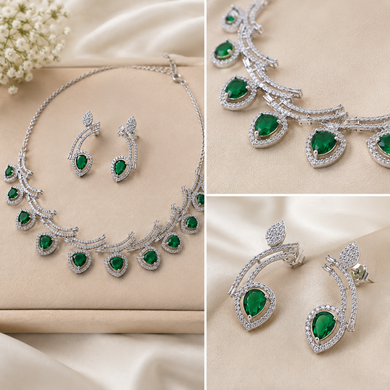 Luxury Pear Cut Emerald Green Crystal Necklace & Earrings Set – Rhodium Plated Bridal, Wedding & Evening Jewellery Secondary image
