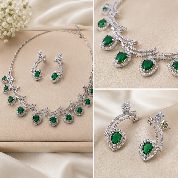 Luxury Pear Cut Emerald Green Crystal Necklace & Earrings Set