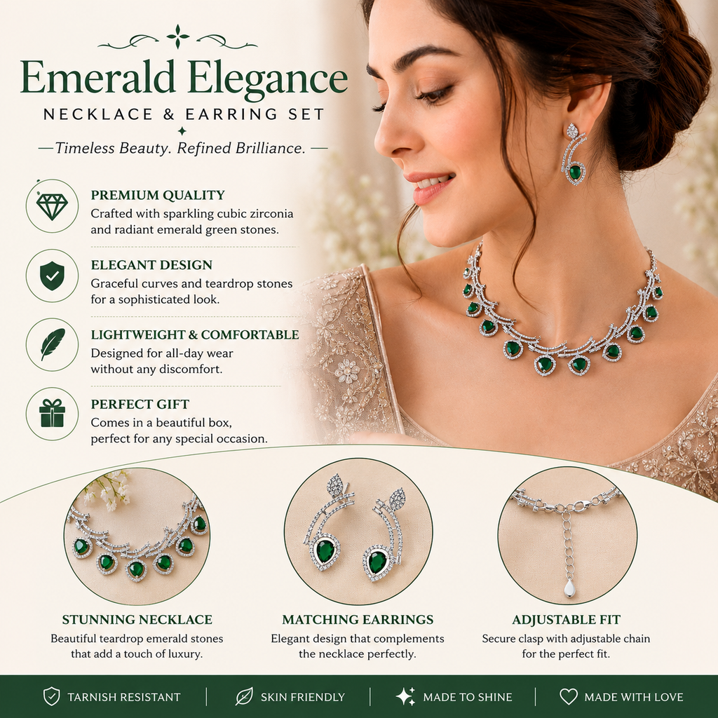 Luxury Pear Cut Emerald Green Crystal Necklace & Earrings Set