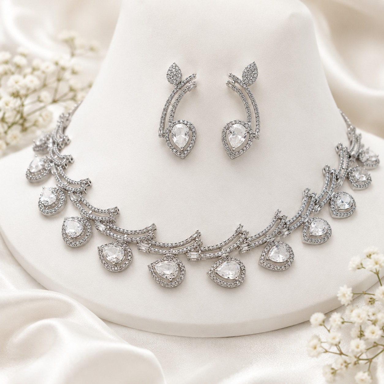 Luxury Pear Cut Silver Crystal Necklace & Earrings Set Main image