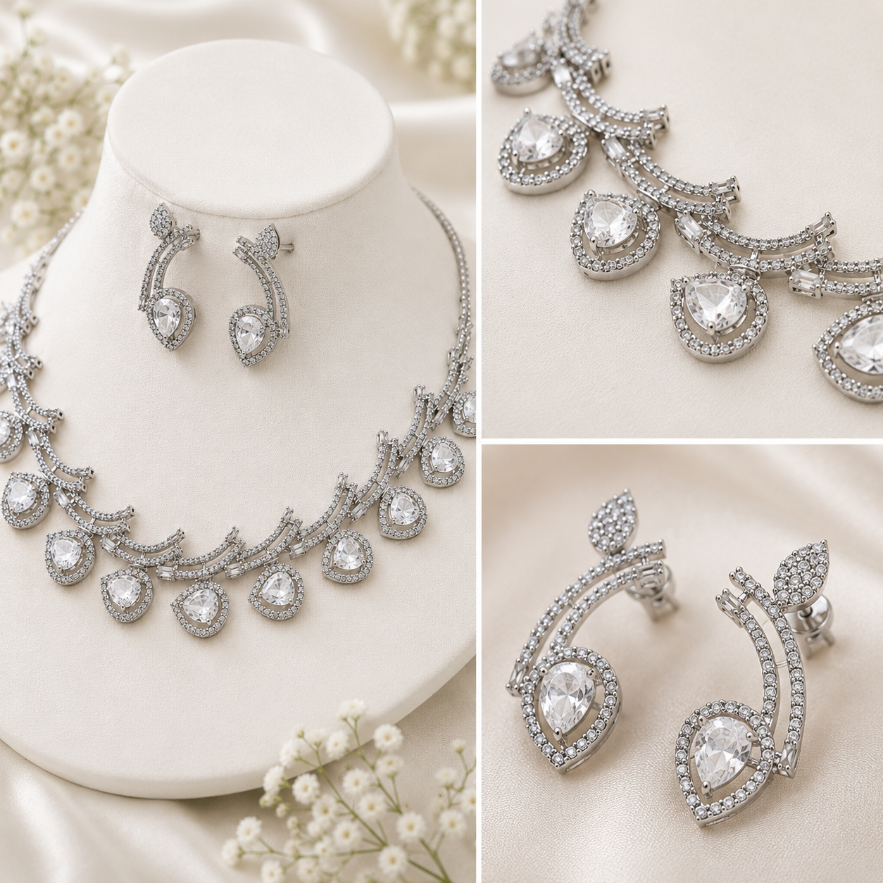 Luxury Pear Cut Silver Crystal Necklace & Earrings Set – Rhodium Plated Bridal, Wedding & Evening Jewellery Secondary image