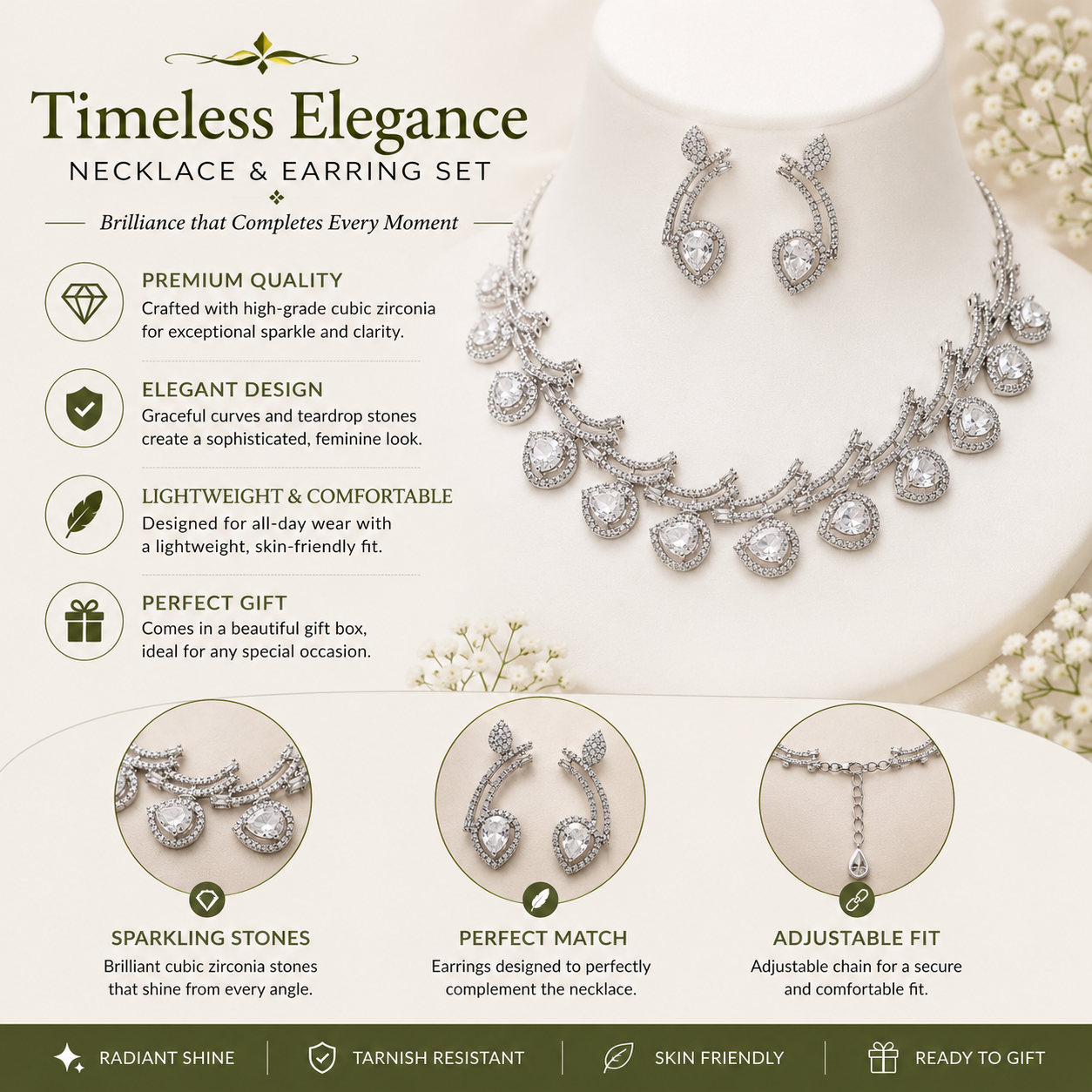 Luxury Pear Cut Silver Crystal Necklace & Earrings Set