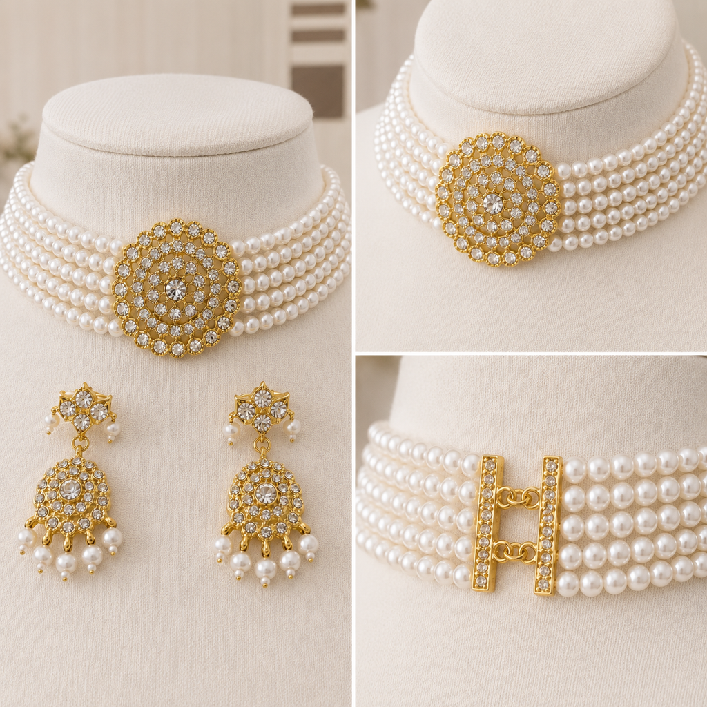 Pearl Choker Set, Pearl Necklace Set, Gold Plated Jewellery, Bridal Choker, Indian Wedding Jewellery, Pakistani Bridal Jewellery, Pearl Bridal Jewellery, Wedding Jewellery, Statement Choker, Traditional Jewellery, Bridal Accessories, Women's Jewellery Gift, Luxury Pearl Necklace Set.