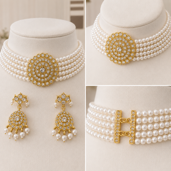 Pearl Choker Set, Pearl Necklace Set, Gold Plated Jewellery, Bridal Choker, Indian Wedding Jewellery, Pakistani Bridal Jewellery, Pearl Bridal Jewellery, Wedding Jewellery, Statement Choker, Traditional Jewellery, Bridal Accessories, Women's Jewellery Gift, Luxury Pearl Necklace Set.