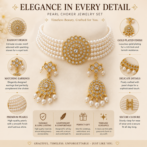 Pearl Choker Set, Pearl Necklace Set, Gold Plated Jewellery, Bridal Choker, Indian Wedding Jewellery, Pakistani Bridal Jewellery, Pearl Bridal Jewellery, Wedding Jewellery, Statement Choker, Traditional Jewellery, Bridal Accessories, Women's Jewellery Gift, Luxury Pearl Necklace Set.
