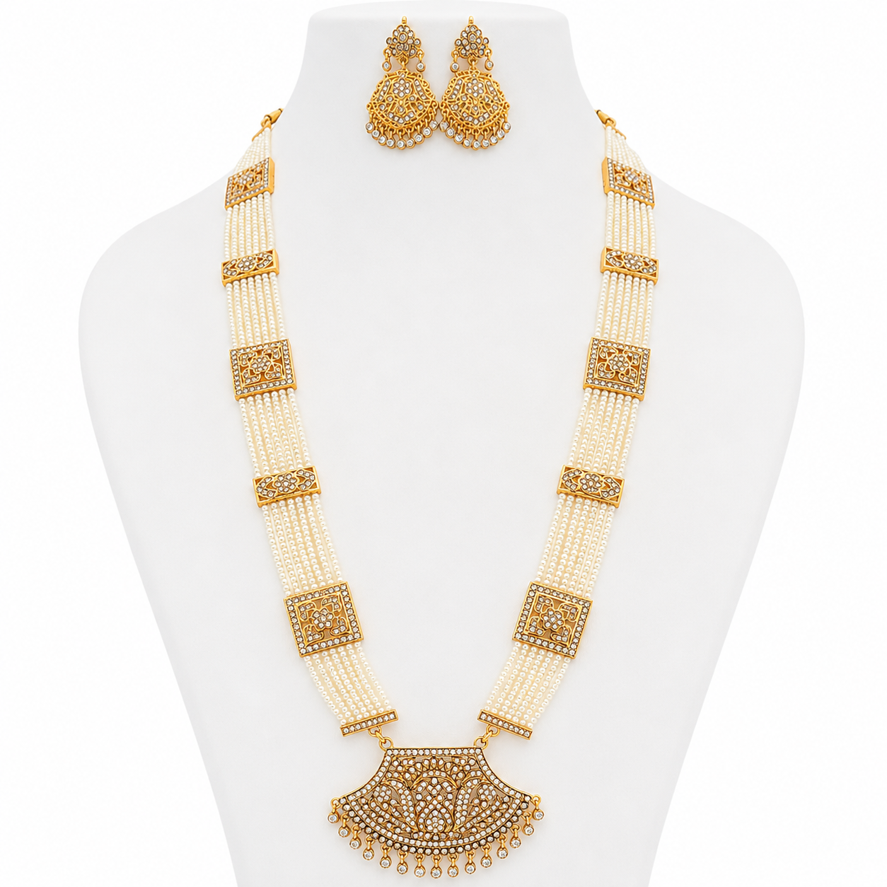 Luxury Pearl Long Necklace & Earrings Set – Gold Plated Indian Pakistani Wedding Jewellery Main image