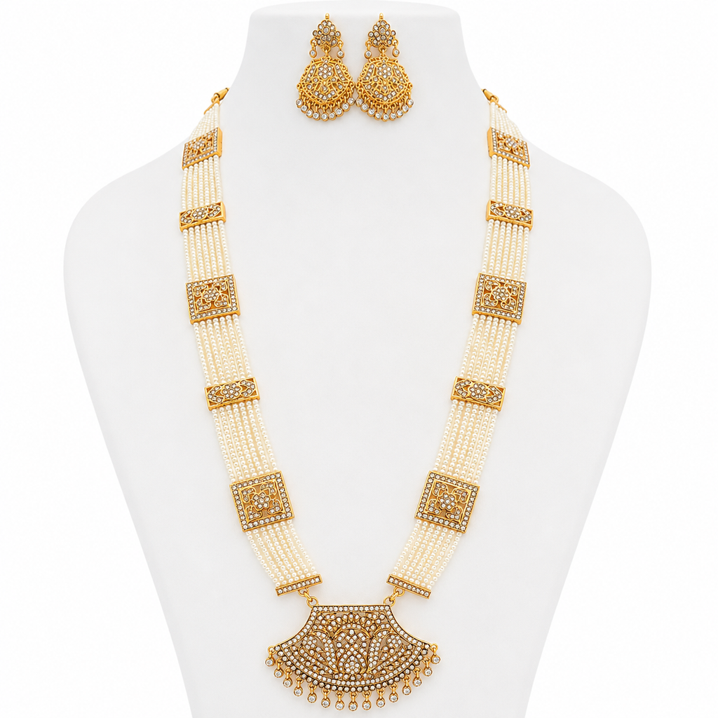 Luxury Pearl Long Necklace & Earrings Set – Gold Plated Indian Pakistani Wedding Jewellery