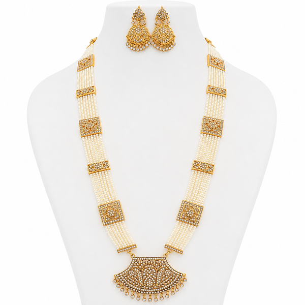 Luxury Pearl Long Necklace & Earrings Set – Gold Plated Indian Pakistani Wedding Jewellery