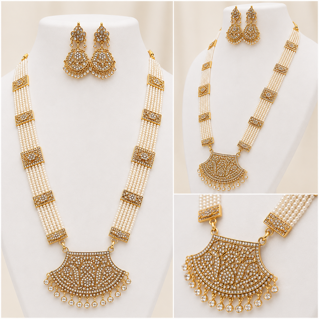 Luxury Pearl Long Necklace & Earrings Set – Gold Plated Indian Pakistani Wedding Jewellery Secondary image
