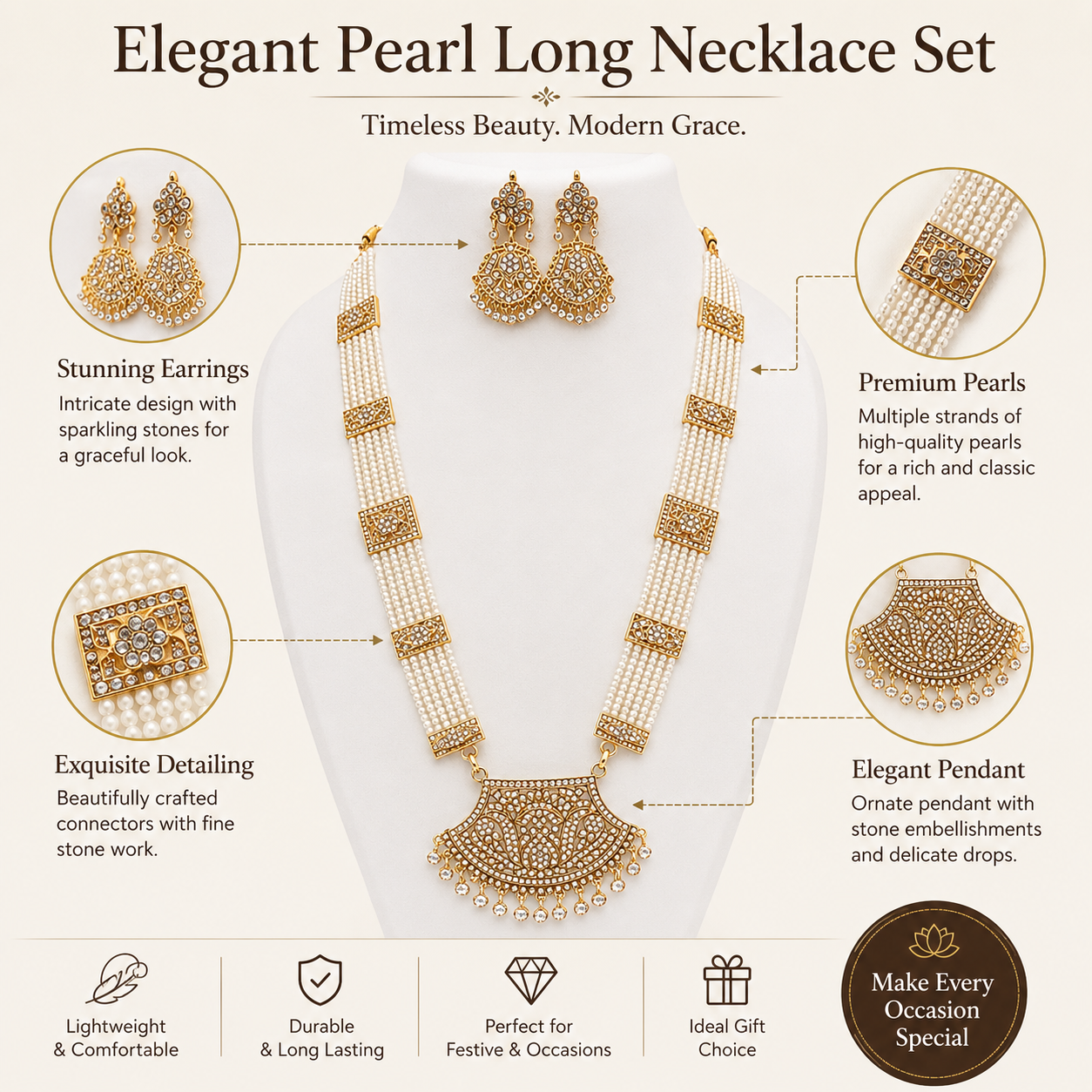 Luxury Pearl Long Necklace & Earrings Set – Gold Plated Indian Pakistani Wedding Jewellery
