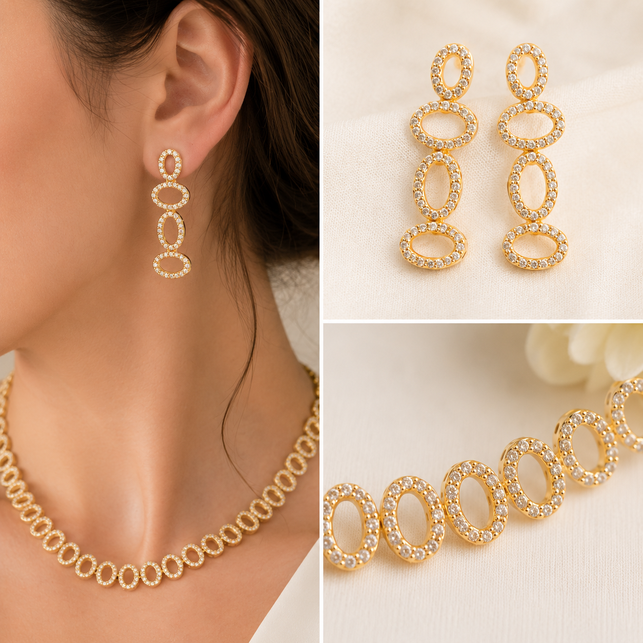 Oval Crystal Gold Bridal Necklace & Earrings Set Secondary image