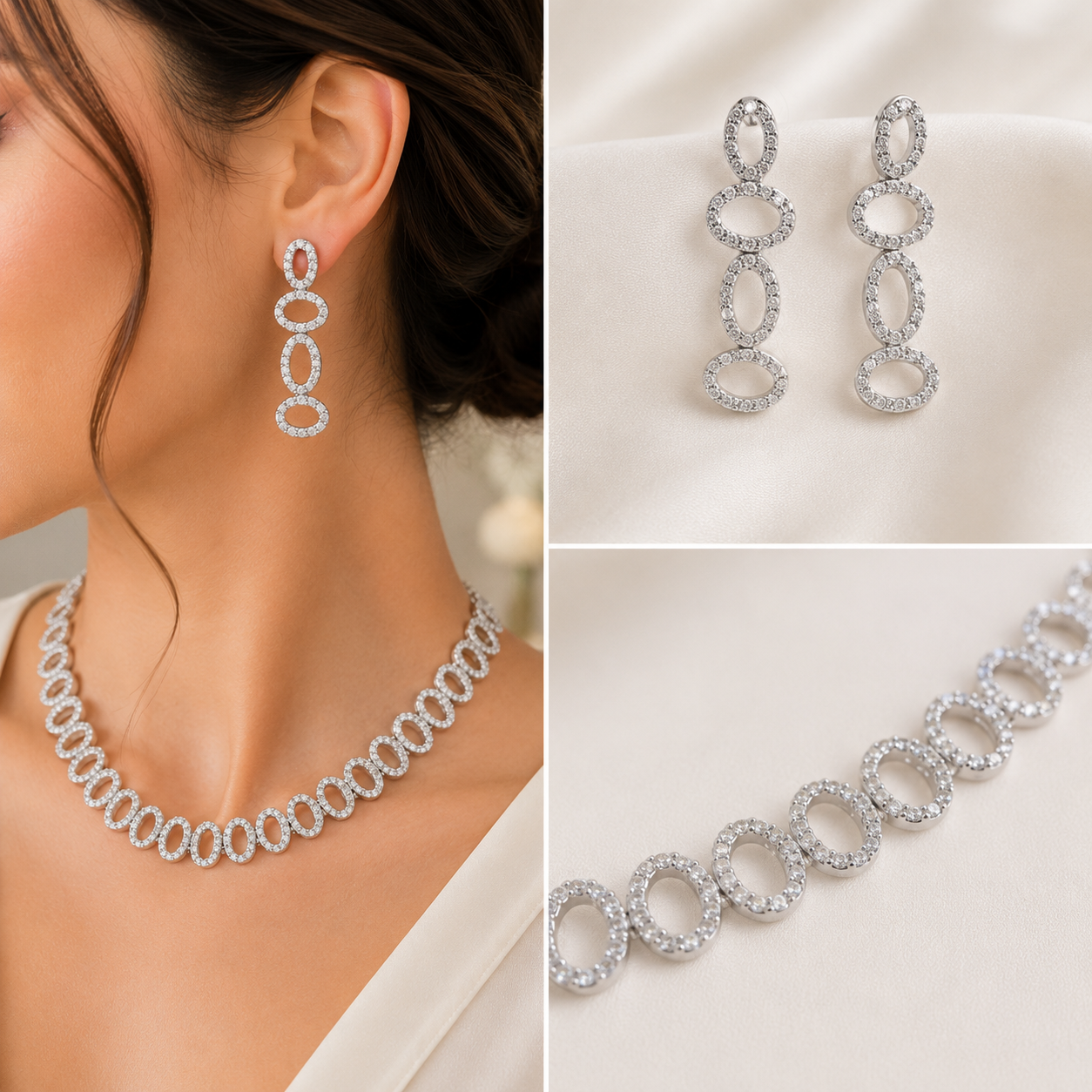 Oval Crystal Silver Bridal Necklace & Earrings Set Secondary image