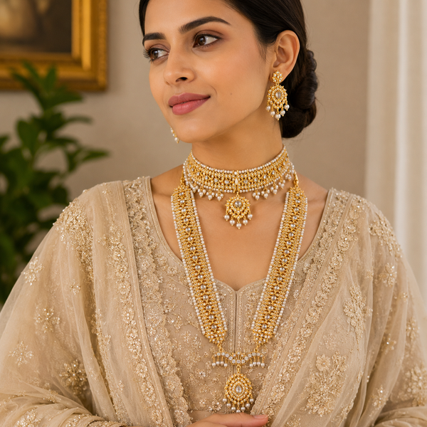 Royal Pearl Bridal Jewellery Set with Choker, Long Necklace, Earrings & Maang Tikka – Gold Plated Indian Pakistani Wedding Jewellery