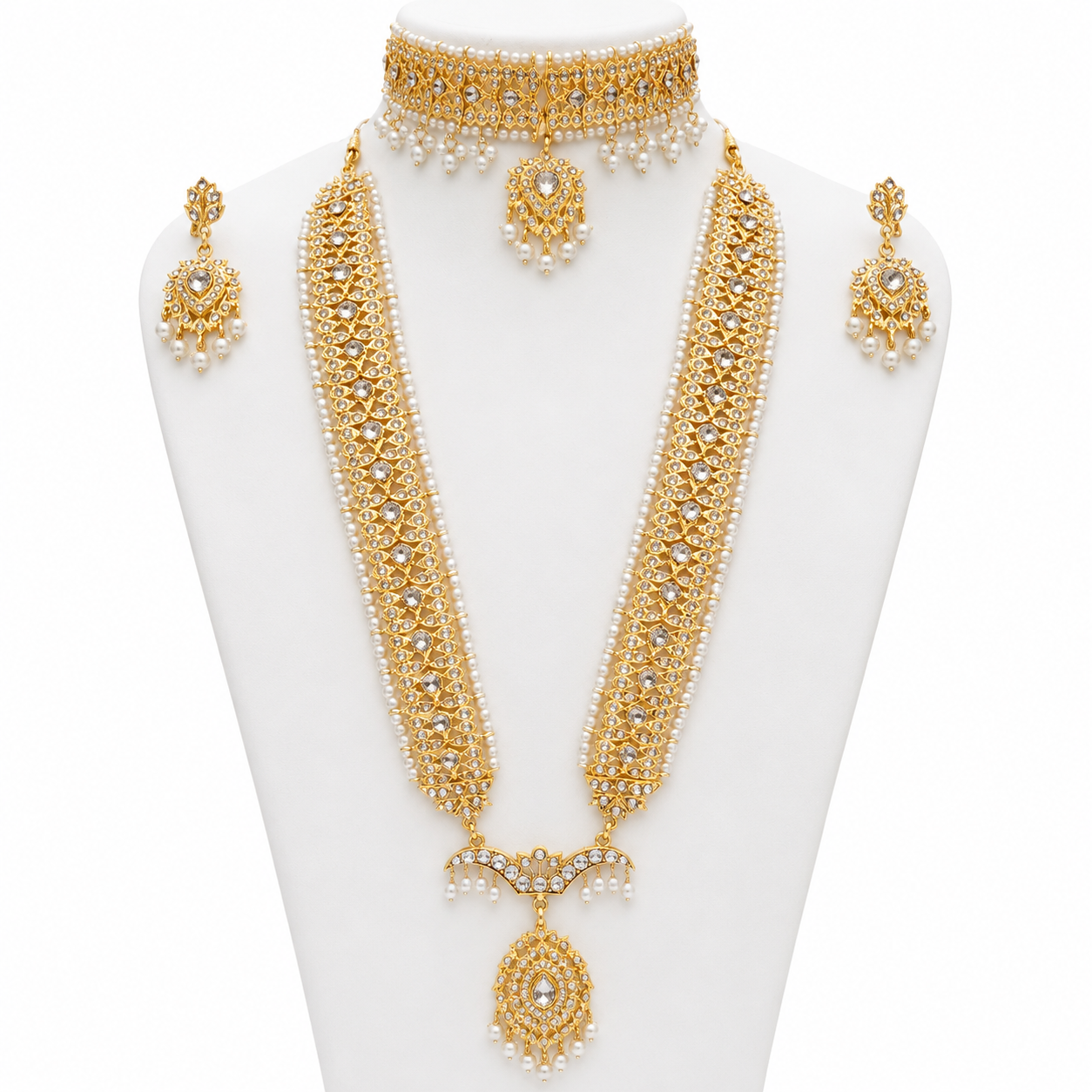 Royal Pearl Bridal Jewellery Set with Choker, Long Necklace, Earrings & Maang Tikka – Gold Plated Indian Pakistani Wedding Jewellery Main image