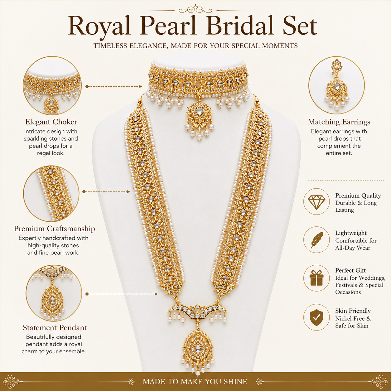 Royal Pearl Bridal Jewellery Set with Choker, Long Necklace, Earrings & Maang Tikka – Gold Plated Indian Pakistani Wedding Jewellery