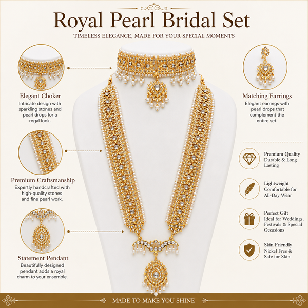 Royal Pearl Bridal Jewellery Set with Choker, Long Necklace, Earrings & Maang Tikka – Gold Plated Indian Pakistani Wedding Jewellery