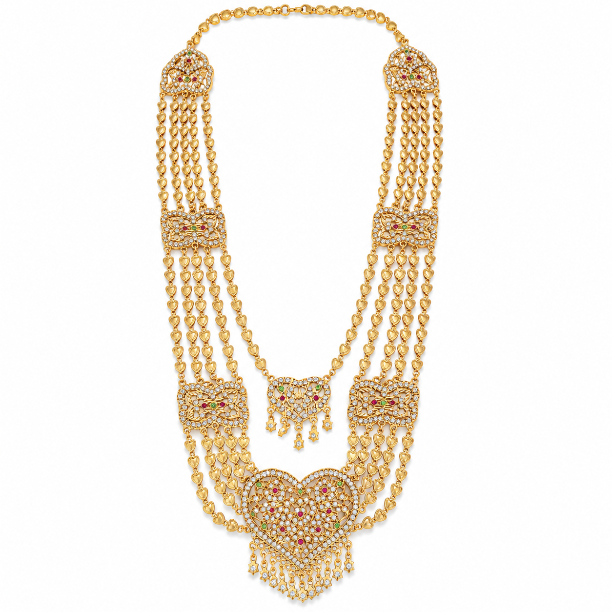 Indian Bridal Necklace, Pakistani Bridal Necklace, Layered Necklace, Gold Wedding Jewellery, Ethnic Jewellery, Bridal Jewellery, Multi Colour Stone Necklace, Traditional Necklace, Statement Necklace, Festival Jewellery, Women's Jewellery Gift, Gold Tone Necklace, Heart Pendant Necklace, Bridal Necklace, Wedding Jewellery, Party Jewellery

 Main image