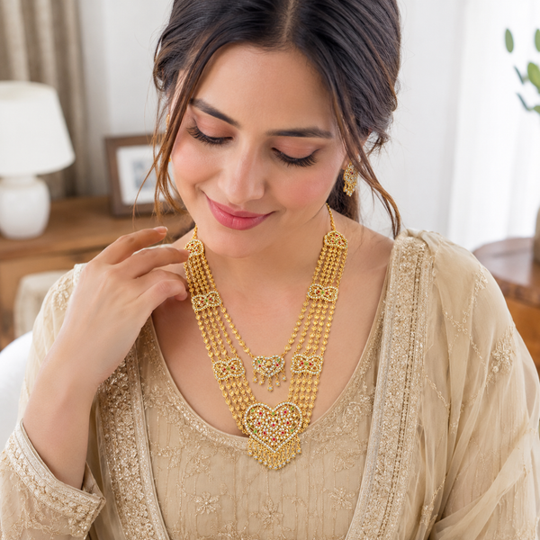 Indian Bridal Necklace, Pakistani Bridal Necklace, Layered Necklace, Gold Wedding Jewellery, Ethnic Jewellery, Bridal Jewellery, Multi Colour Stone Necklace, Traditional Necklace, Statement Necklace, Festival Jewellery, Women's Jewellery Gift, Gold Tone Necklace, Heart Pendant Necklace, Bridal Necklace, Wedding Jewellery, Party Jewellery

