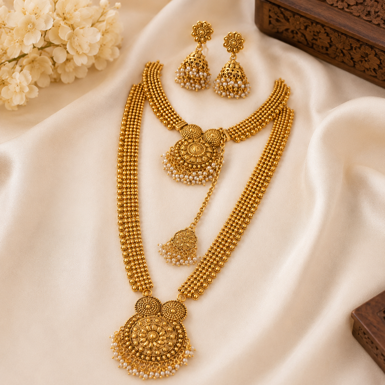 Traditional Gold Necklace Set, Layered Necklace Set, Indian Wedding Jewellery, Pakistani Bridal Jewellery, Jhumka Earrings Set, Maang Tikka Set, Gold Plated Jewellery, Bridal Necklace Set, Wedding Jewellery, Ethnic Jewellery, Traditional Jewellery, Bridal Accessories, Luxury Gold Jewellery Set.