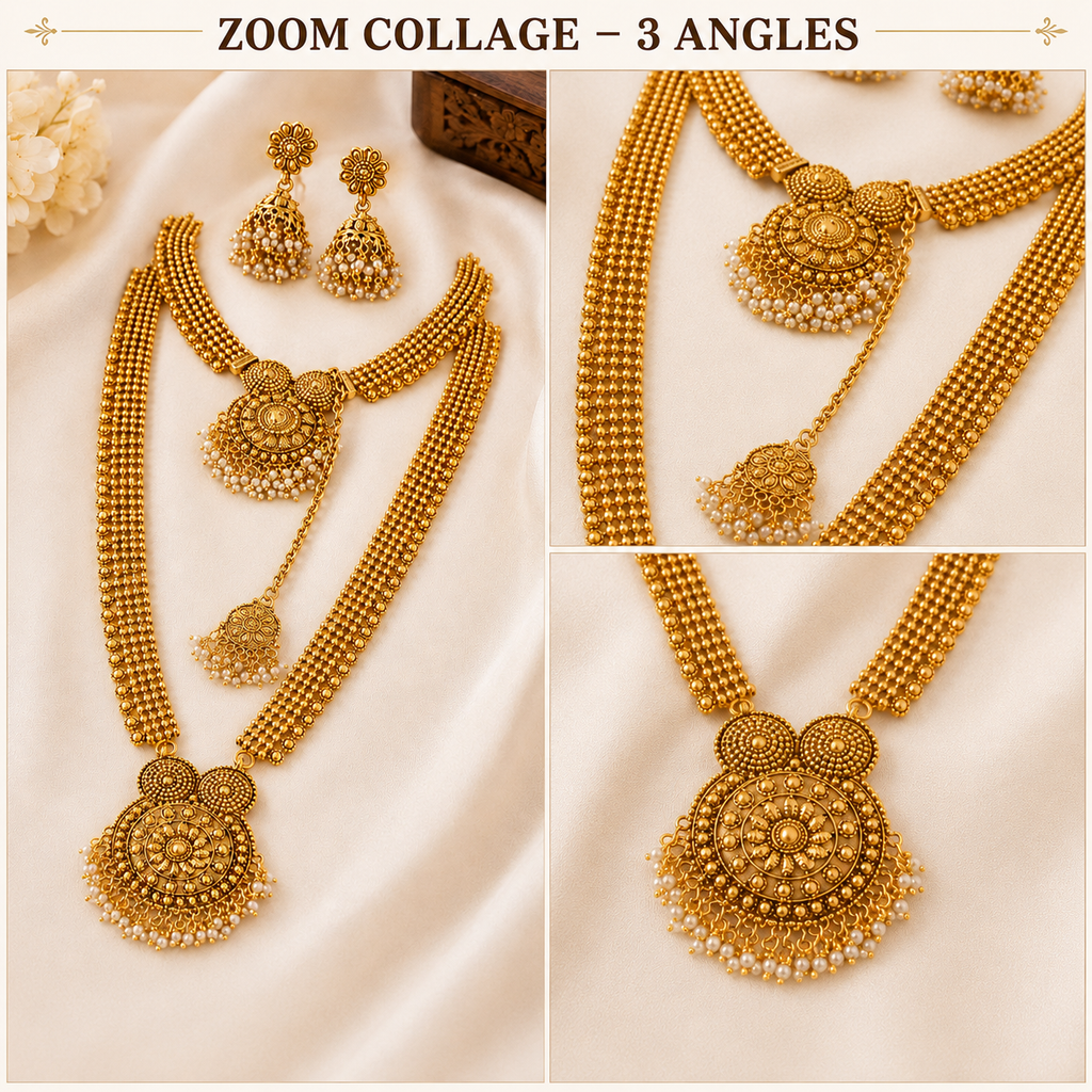 Traditional Gold Necklace Set, Layered Necklace Set, Indian Wedding Jewellery, Pakistani Bridal Jewellery, Jhumka Earrings Set, Maang Tikka Set, Gold Plated Jewellery, Bridal Necklace Set, Wedding Jewellery, Ethnic Jewellery, Traditional Jewellery, Bridal Accessories, Luxury Gold Jewellery Set.