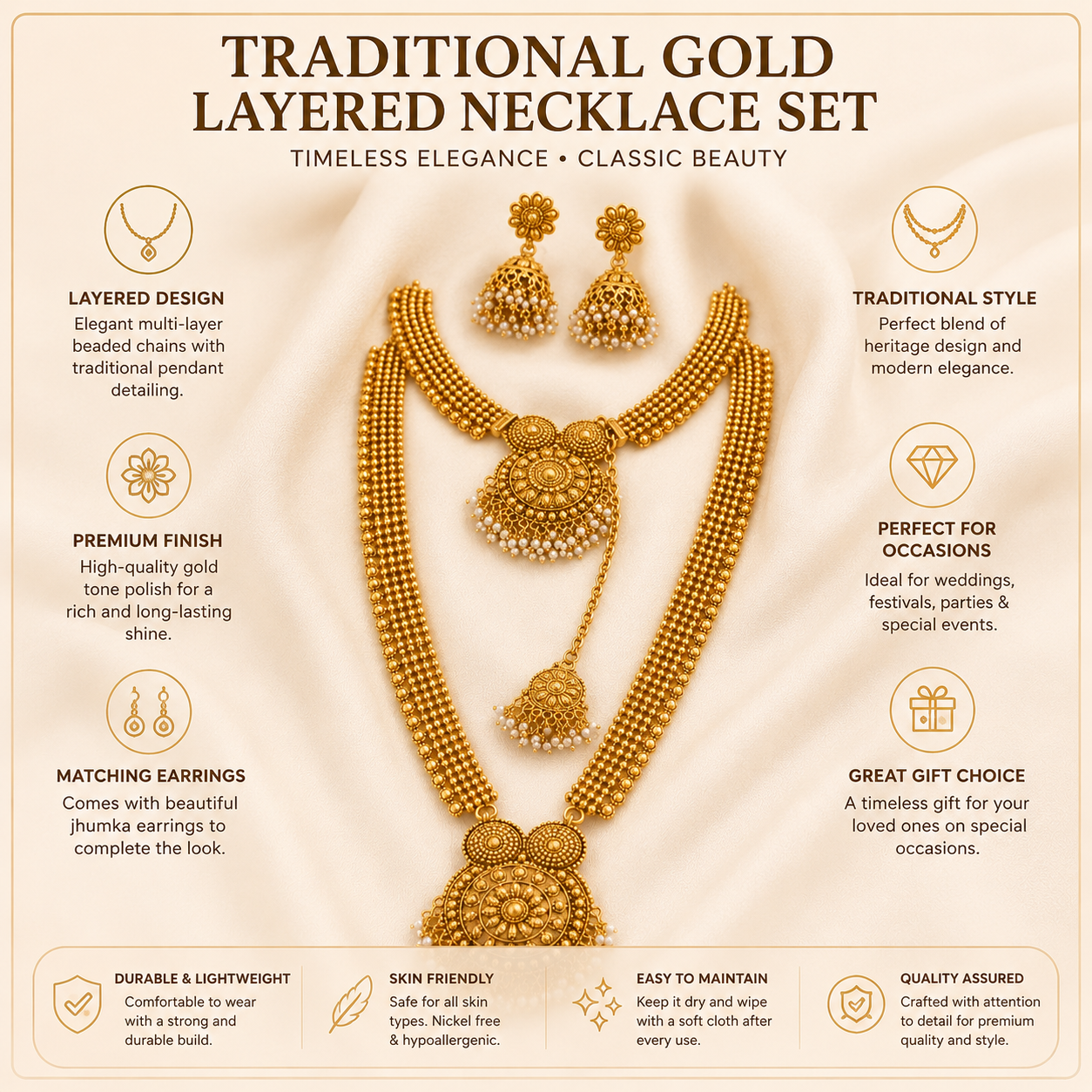 Traditional Gold Necklace Set, Layered Necklace Set, Indian Wedding Jewellery, Pakistani Bridal Jewellery, Jhumka Earrings Set, Maang Tikka Set, Gold Plated Jewellery, Bridal Necklace Set, Wedding Jewellery, Ethnic Jewellery, Traditional Jewellery, Bridal Accessories, Luxury Gold Jewellery Set.