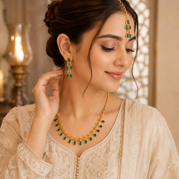 Traditional Gold Necklace Set, Indian Wedding Jewellery, Pakistani Jewellery, Bridal Necklace Set, Maang Tikka Set, Green Stone Jewellery, Gold Plated Jewellery, Bridal Accessories, Wedding Jewellery, Ethnic Jewellery, Festive Jewellery, Traditional Jewellery Set, Women's Jewellery Gift.
