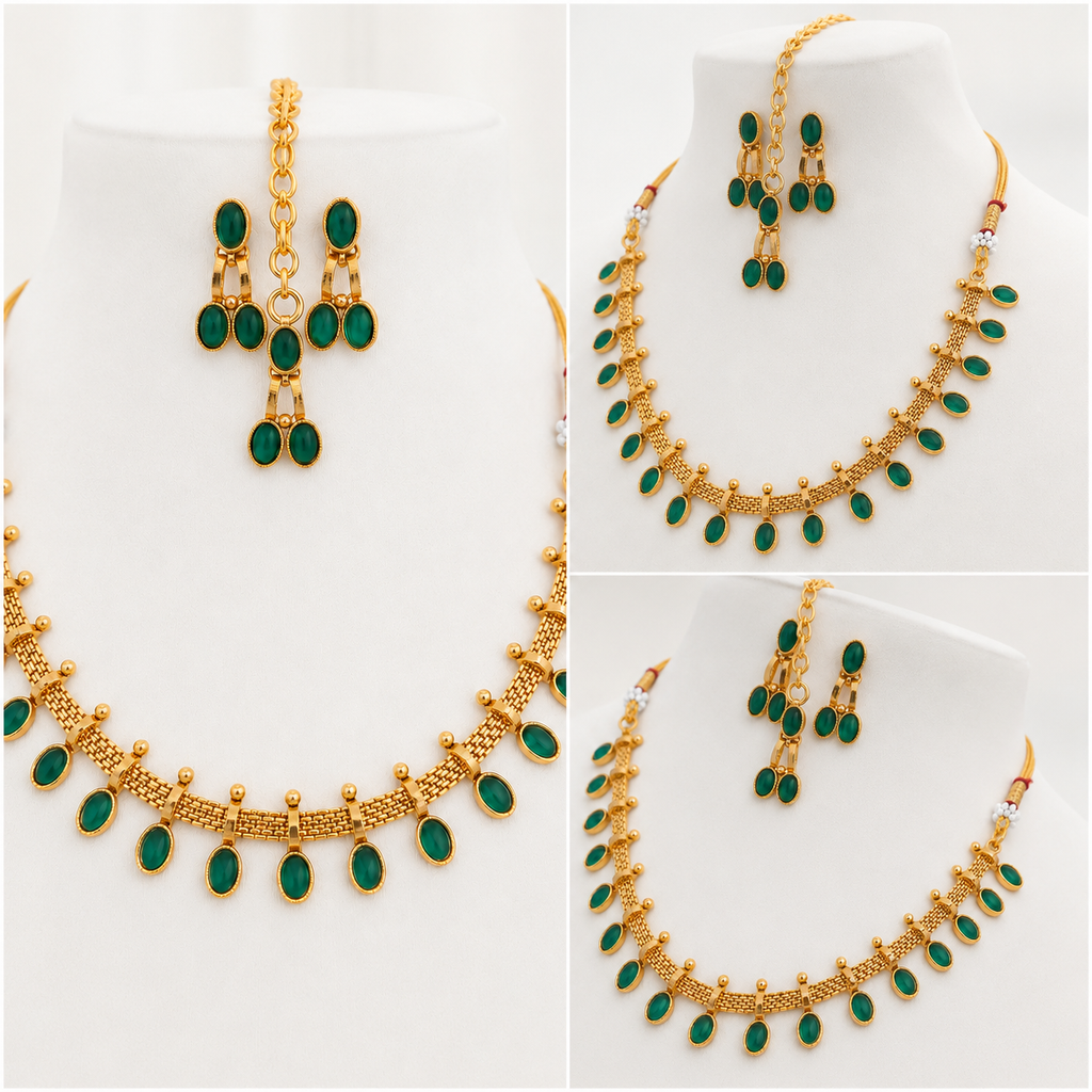 Traditional Gold Necklace Set, Indian Wedding Jewellery, Pakistani Jewellery, Bridal Necklace Set, Maang Tikka Set, Green Stone Jewellery, Gold Plated Jewellery, Bridal Accessories, Wedding Jewellery, Ethnic Jewellery, Festive Jewellery, Traditional Jewellery Set, Women's Jewellery Gift.