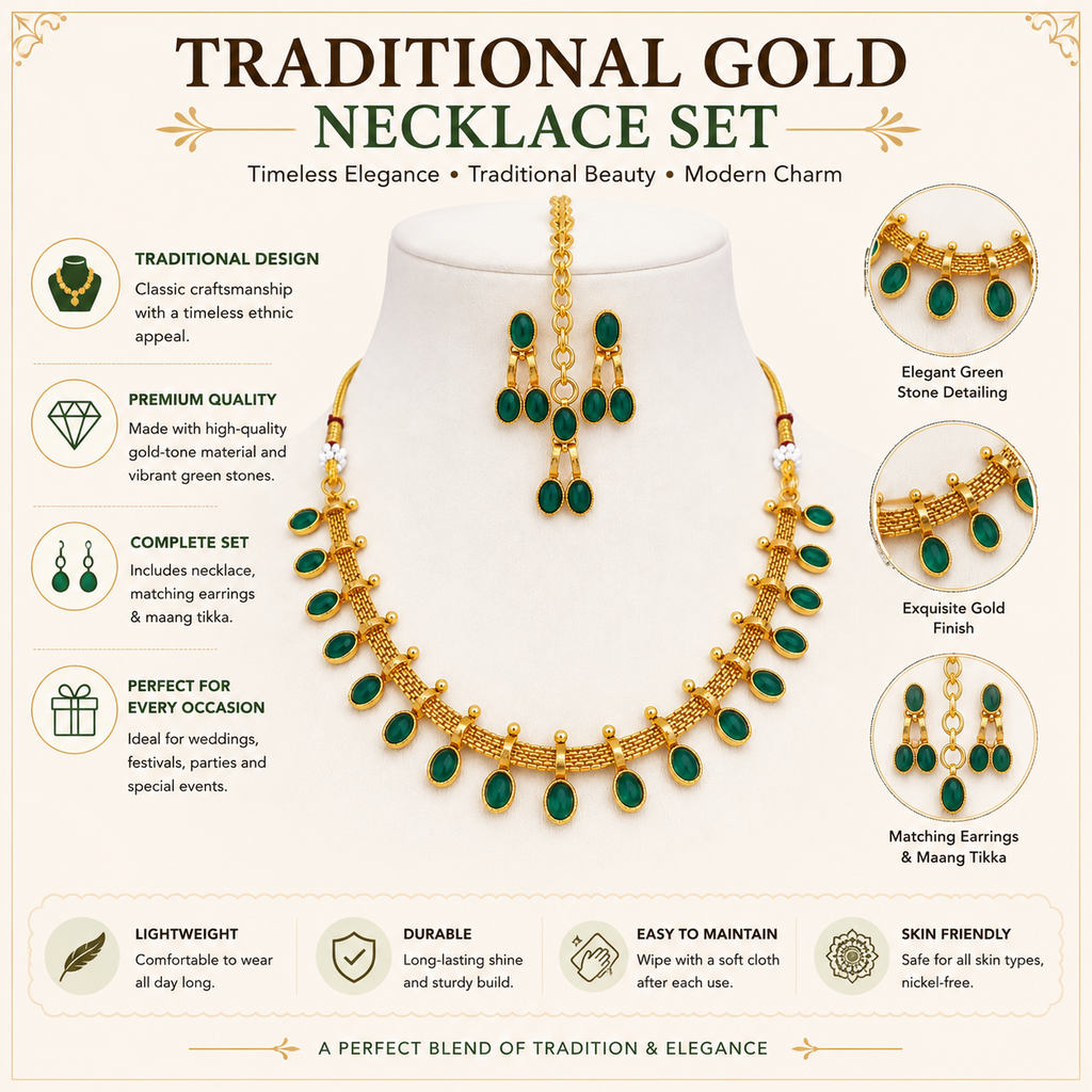 Traditional Gold Necklace Set, Indian Wedding Jewellery, Pakistani Jewellery, Bridal Necklace Set, Maang Tikka Set, Green Stone Jewellery, Gold Plated Jewellery, Bridal Accessories, Wedding Jewellery, Ethnic Jewellery, Festive Jewellery, Traditional Jewellery Set, Women's Jewellery Gift.