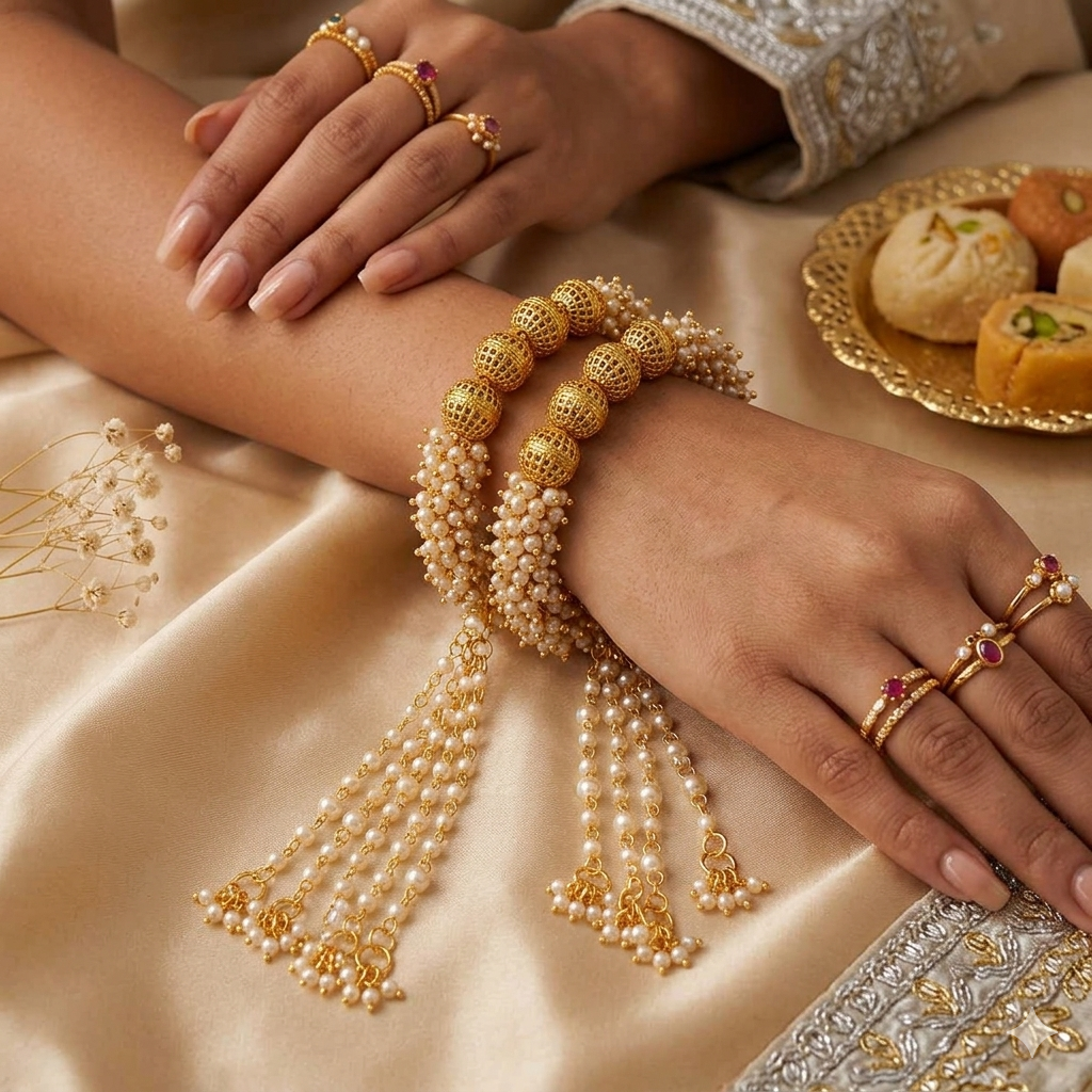 Traditional Pearl Beaded Bridal Kaleera Bangles – Gold Plated Indian & Pakistani Wedding Jewellery