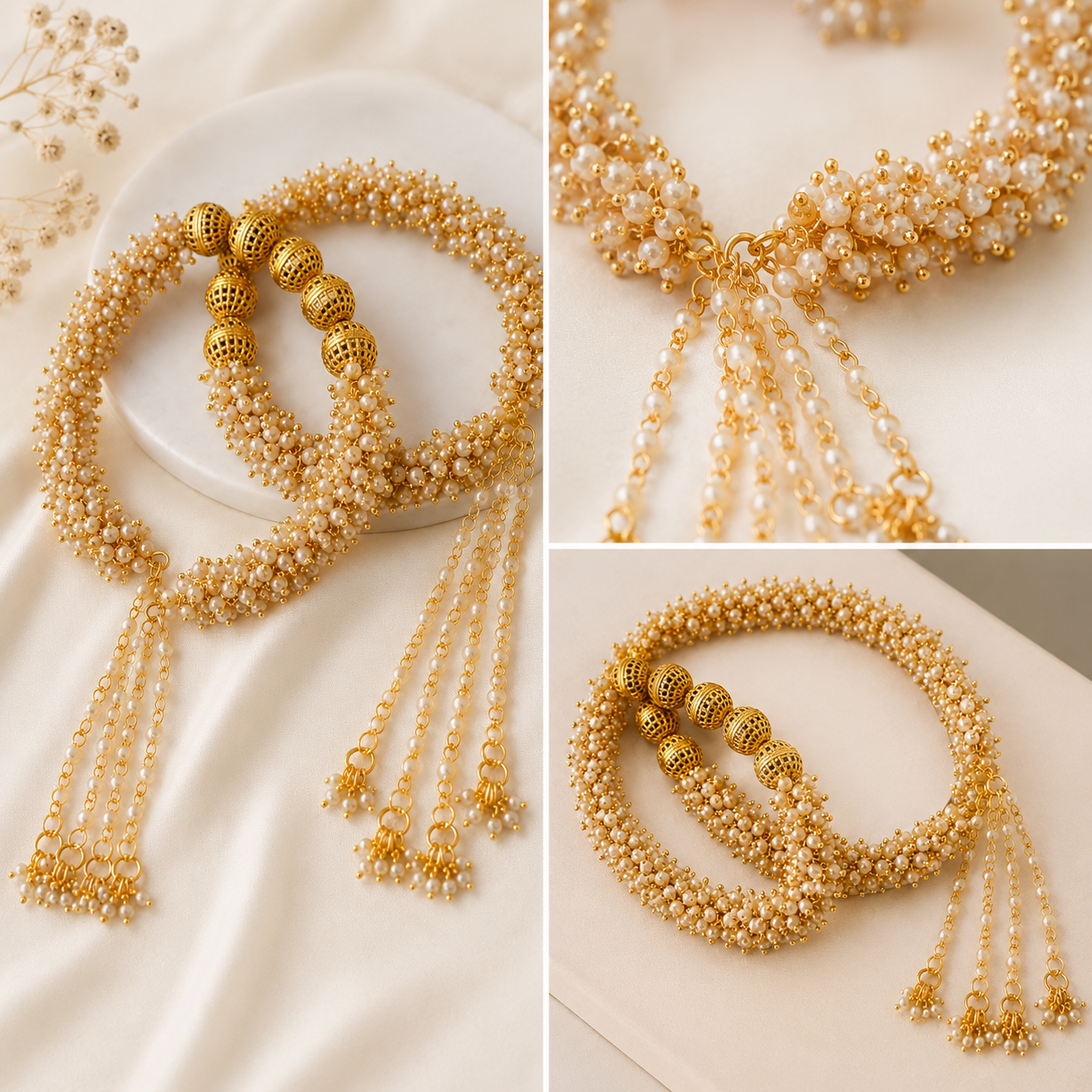 Traditional Pearl Beaded Bridal Kaleera Bangles – Gold Plated Indian & Pakistani Wedding Jewellery