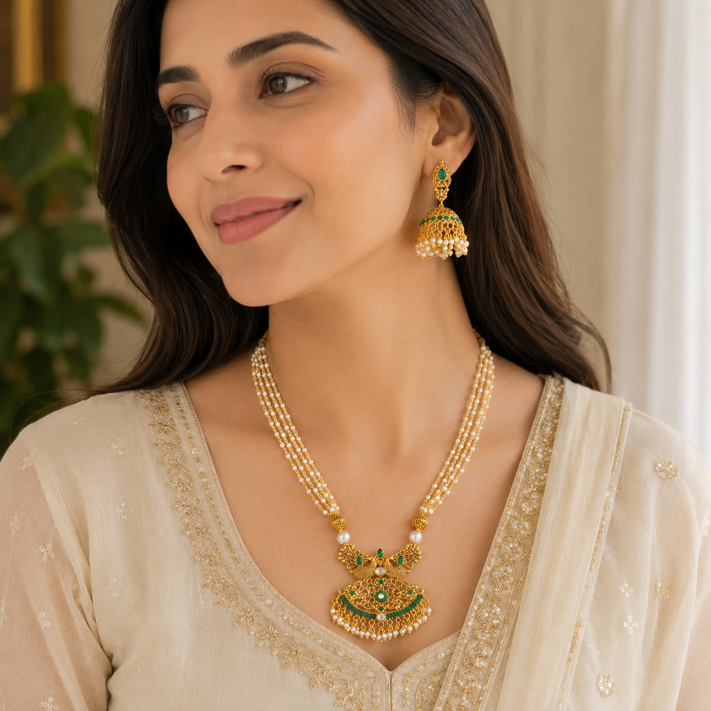 Pearl Necklace Set, Jhumka Earrings Set, Traditional Indian Jewellery, Pakistani Jewellery, Gold Plated Necklace Set, Bridal Jewellery, Wedding Jewellery, Pearl Jewellery, Statement Necklace, Ethnic Jewellery, Festival Jewellery, Women's Jewellery Gift, Luxury Traditional Necklace Set.