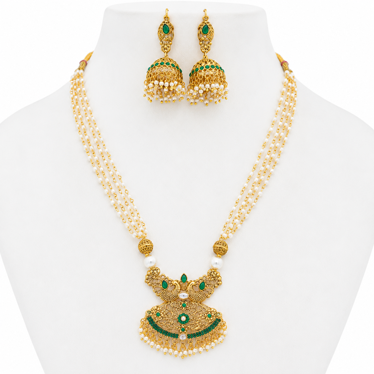 Pearl Necklace Set, Jhumka Earrings Set, Traditional Indian Jewellery, Pakistani Jewellery, Gold Plated Necklace Set, Bridal Jewellery, Wedding Jewellery, Pearl Jewellery, Statement Necklace, Ethnic Jewellery, Festival Jewellery, Women's Jewellery Gift, Luxury Traditional Necklace Set. Main image