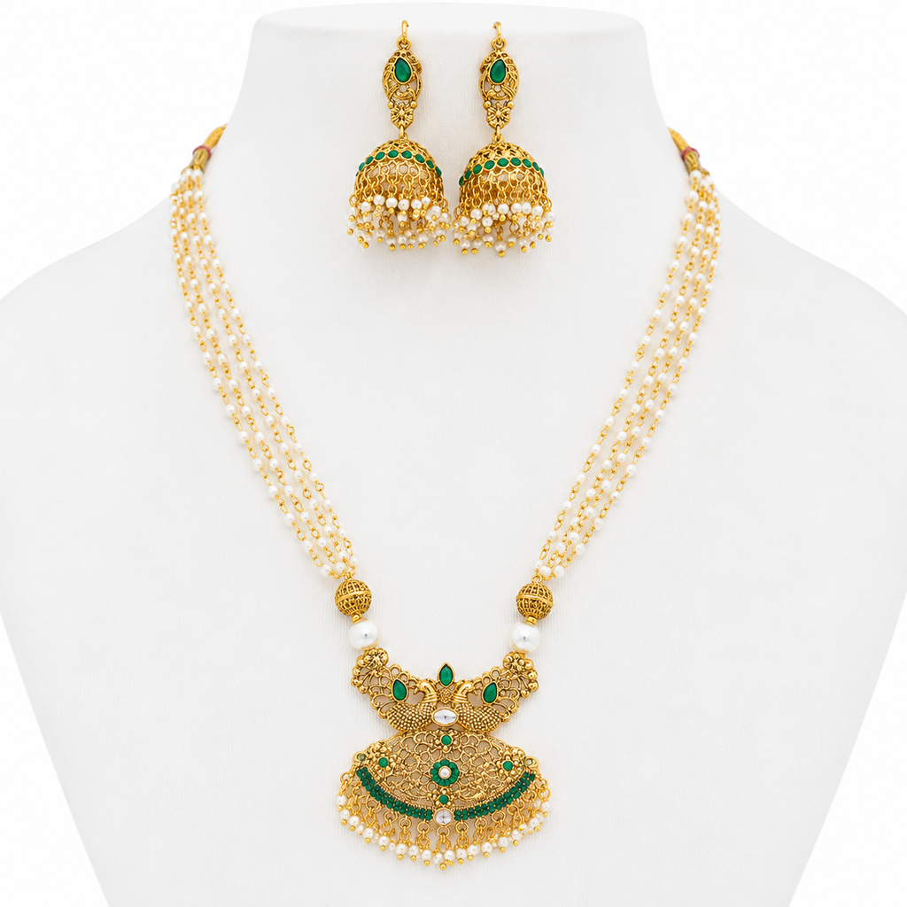 Pearl Necklace Set, Jhumka Earrings Set, Traditional Indian Jewellery, Pakistani Jewellery, Gold Plated Necklace Set, Bridal Jewellery, Wedding Jewellery, Pearl Jewellery, Statement Necklace, Ethnic Jewellery, Festival Jewellery, Women's Jewellery Gift, Luxury Traditional Necklace Set.