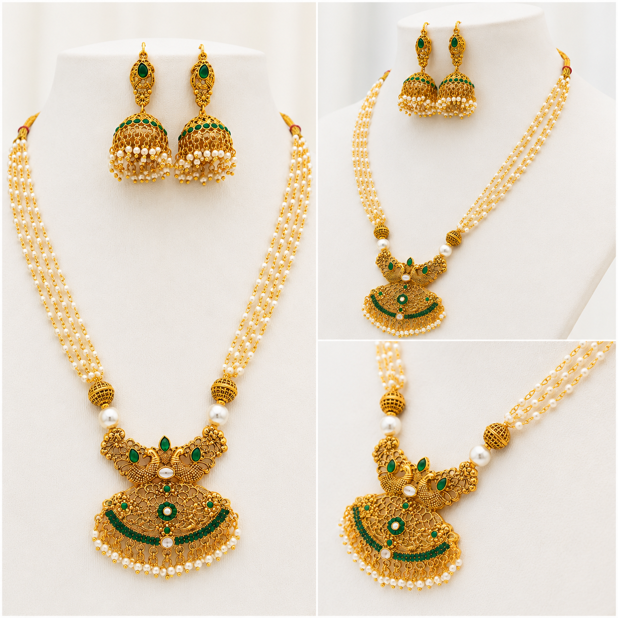 Traditional Pearl Emerald Green Necklace & Jhumka Earrings Set – Gold Plated Indian Pakistani Wedding Jewellery Secondary image