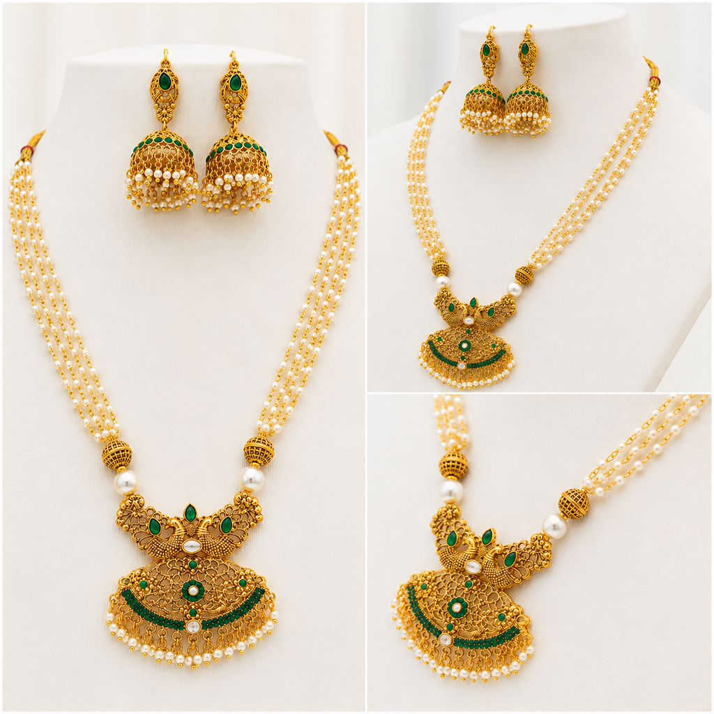 Pearl Necklace Set, Jhumka Earrings Set, Traditional Indian Jewellery, Pakistani Jewellery, Gold Plated Necklace Set, Bridal Jewellery, Wedding Jewellery, Pearl Jewellery, Statement Necklace, Ethnic Jewellery, Festival Jewellery, Women's Jewellery Gift, Luxury Traditional Necklace Set.