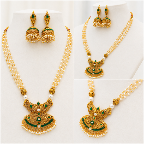 Pearl Necklace Set, Jhumka Earrings Set, Traditional Indian Jewellery, Pakistani Jewellery, Gold Plated Necklace Set, Bridal Jewellery, Wedding Jewellery, Pearl Jewellery, Statement Necklace, Ethnic Jewellery, Festival Jewellery, Women's Jewellery Gift, Luxury Traditional Necklace Set.