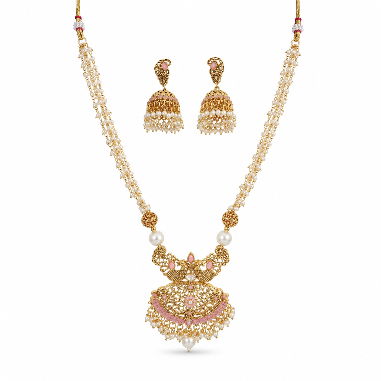 Pearl Necklace Set, Jhumka Earrings Set, Traditional Indian Jewellery, Pakistani Jewellery, Gold Plated Necklace Set, Bridal Jewellery, Wedding Jewellery, Pearl Jewellery, Statement Necklace, Ethnic Jewellery, Festival Jewellery, Women's Jewellery Gift, Luxury Traditional Necklace Set. Main image