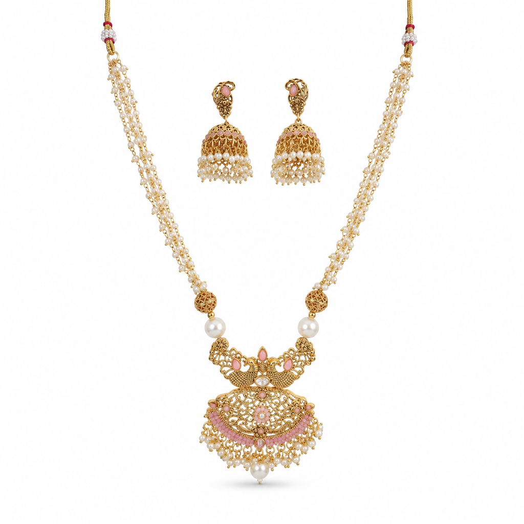 Pearl Necklace Set, Jhumka Earrings Set, Traditional Indian Jewellery, Pakistani Jewellery, Gold Plated Necklace Set, Bridal Jewellery, Wedding Jewellery, Pearl Jewellery, Statement Necklace, Ethnic Jewellery, Festival Jewellery, Women's Jewellery Gift, Luxury Traditional Necklace Set.