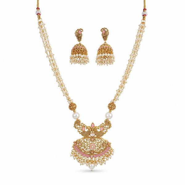 Pearl Necklace Set, Jhumka Earrings Set, Traditional Indian Jewellery, Pakistani Jewellery, Gold Plated Necklace Set, Bridal Jewellery, Wedding Jewellery, Pearl Jewellery, Statement Necklace, Ethnic Jewellery, Festival Jewellery, Women's Jewellery Gift, Luxury Traditional Necklace Set.